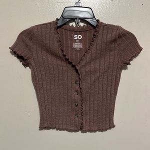 SO Button Up Baby Tee Academia V-Neck Crop Top Brown XS